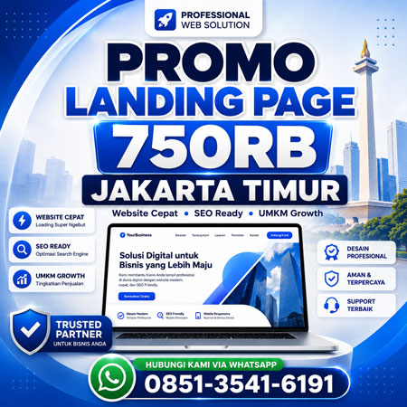 Promo landing page website 750 ribu Jakarta Timur untuk UMKM dengan desain modern SEO ready dan kontak WhatsApp.